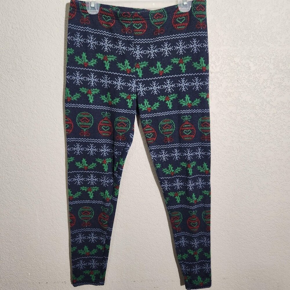 Faded Glory Leggings Womens Large 12-14 Blue Christmas Ornaments Snowflake Holly